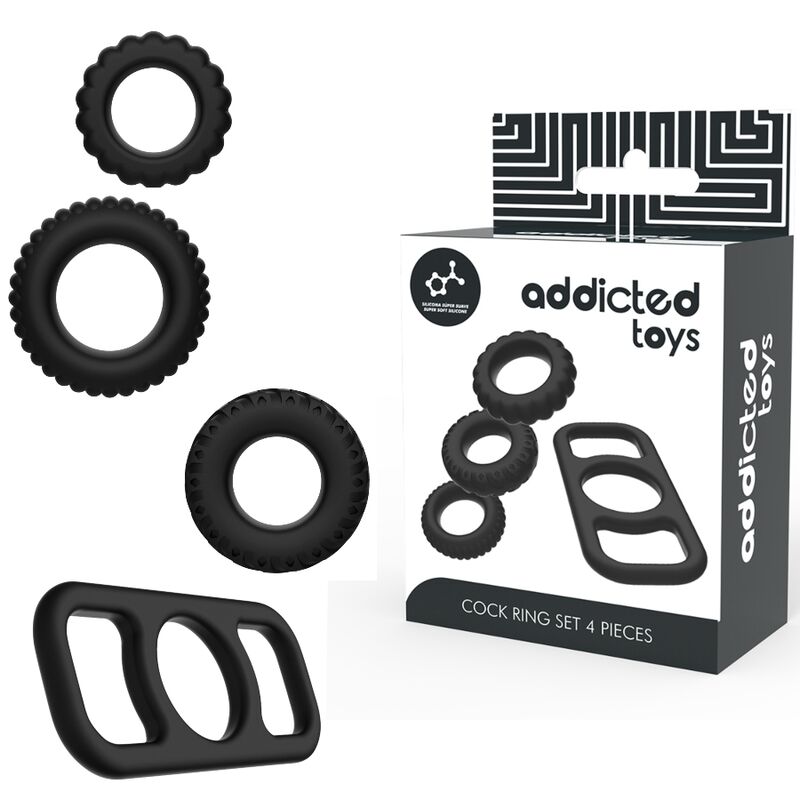 Imagen del artículo erótico ADDICTED TOYS - SET 4 ANILLOS SILICONA PARA EL PENE de ADDICTED TOYS en la sección JUGUETES BIENESTAR |Juguetes para Hombres|Accesorios para el pene|Anillos Pene|Anillos sin vibración de Millenial Sexshop.