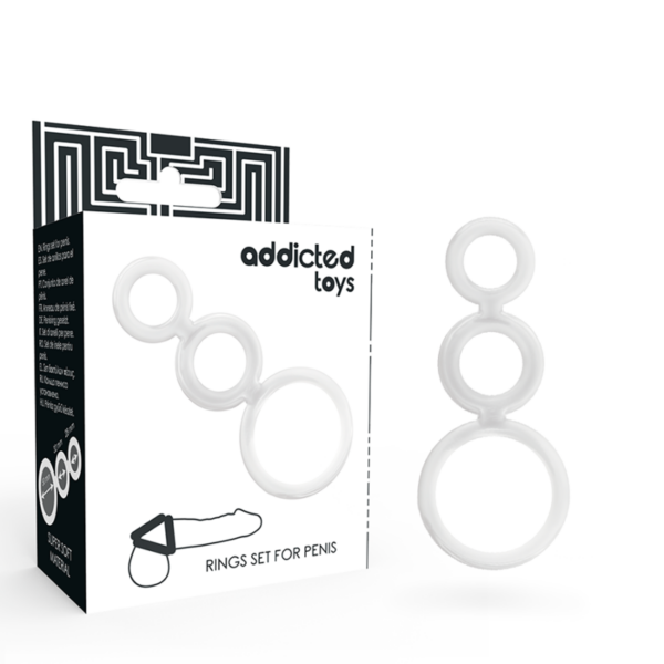 Imagen del artículo erótico ADDICTED TOYS - SET ANILLOS PENE Y TESTÍCULOS CLEAR de ADDICTED TOYS en la sección JUGUETES BIENESTAR |Juguetes para Hombres|Accesorios para el pene|Anillos Pene|Anillos sin vibración de Millenial Sexshop.