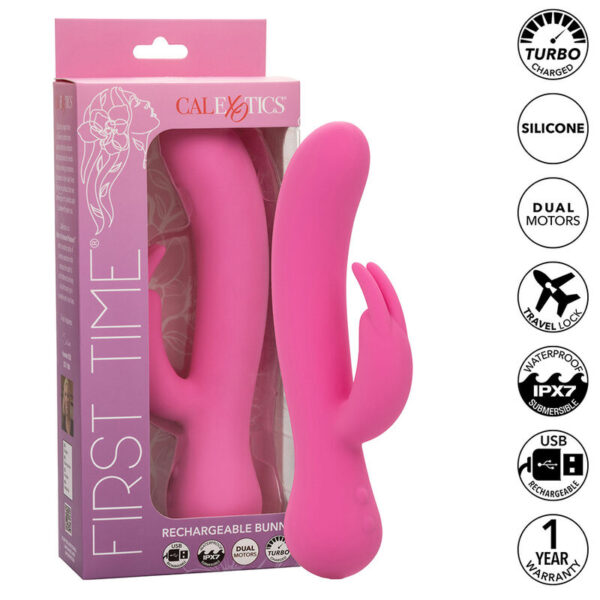 Imagen del artículo erótico CALEXOTICS - FIRST TIME VIBRADOR RABBIT RECARGABLE ROSA de CALEXOTICS en la sección JUGUETES BIENESTAR |Vibradores|Vibradores Rabbit de Millenial Sexshop.