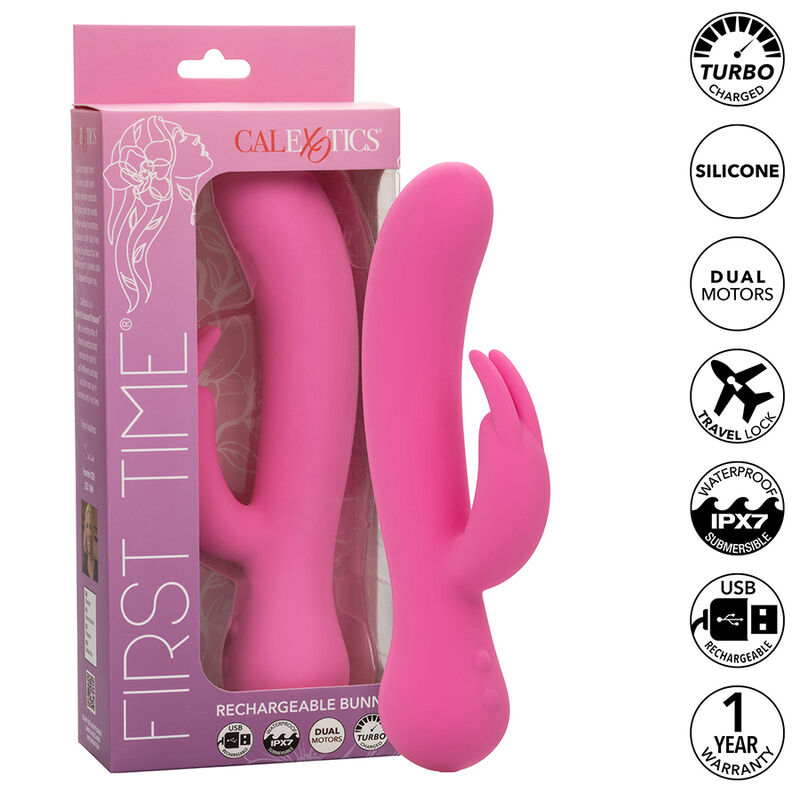 Imagen del artículo erótico CALEXOTICS - FIRST TIME VIBRADOR RABBIT RECARGABLE ROSA de CALEXOTICS en la sección JUGUETES BIENESTAR |Vibradores|Vibradores Rabbit de Millenial Sexshop.