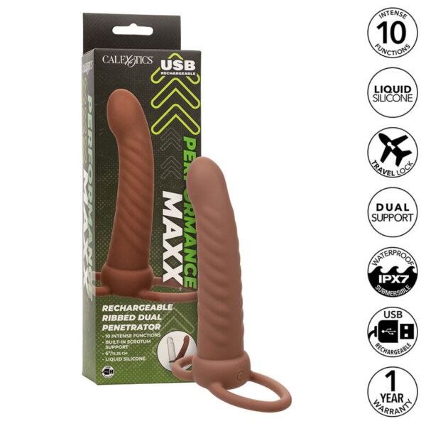 Imagen del artículo erótico CALEXOTICS - MAXX DOBLE PENETRADOR ACANALADO 10 VIBRACIONES MULATO de CALEXOTICS en la sección JUGUETES BIENESTAR |Arneses|Arneses Dobles de Millenial Sexshop.