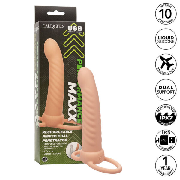 Imagen del artículo erótico CALEXOTICS - MAXX DOBLE PENETRADOR ACANALADO 10 VIBRACIONES NATURAL de CALEXOTICS en la sección JUGUETES BIENESTAR |Arneses|Arneses Dobles de Millenial Sexshop.