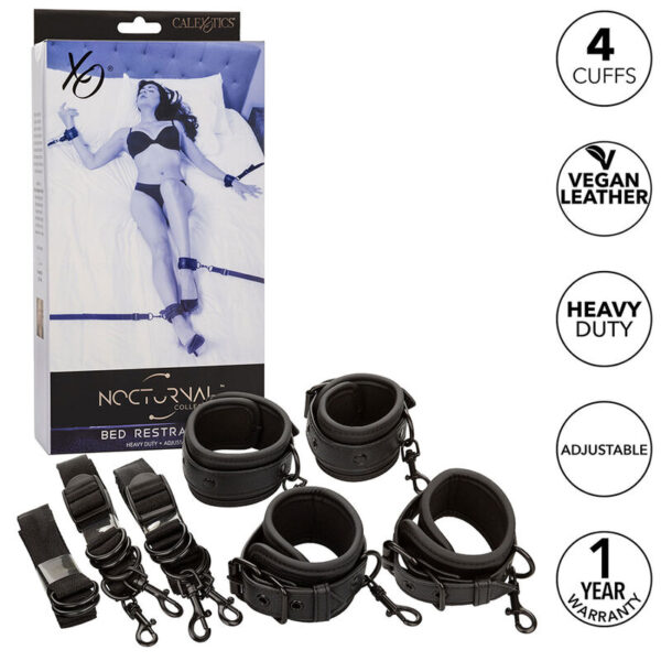 Imagen del artículo erótico CALEXOTICS - NOCTURNAL RESTRICCIONES DE CAMA CUERO AJUSTABLE NEGRO de CALEXOTICS en la sección BDSM & BONDAGE |Bondage|Sets Bondage de Millenial Sexshop.