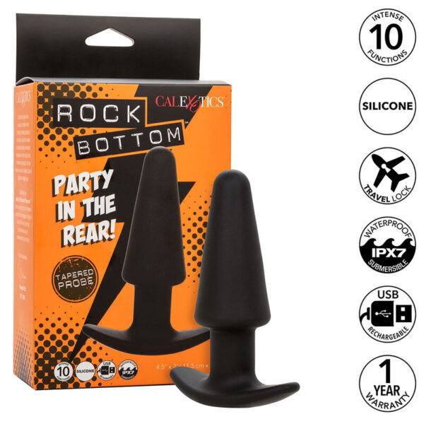 Imagen del artículo erótico CALEXOTICS - ROCK BOTTOM PLUG ANAL CÓNICO 10 VIBRACIONES SILICONA NEGRO de CALEXOTICS en la sección JUGUETES BIENESTAR |Anal|Plugs Anales de Millenial Sexshop.