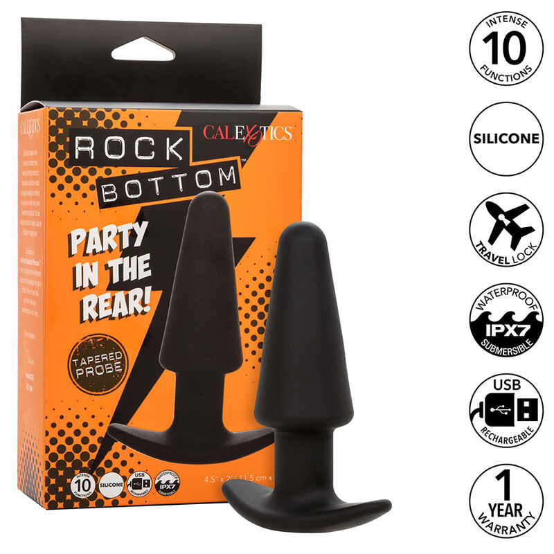 Imagen del artículo erótico CALEXOTICS - ROCK BOTTOM PLUG ANAL CÓNICO 10 VIBRACIONES SILICONA NEGRO de CALEXOTICS en la sección JUGUETES BIENESTAR |Anal|Plugs Anales de Millenial Sexshop.
