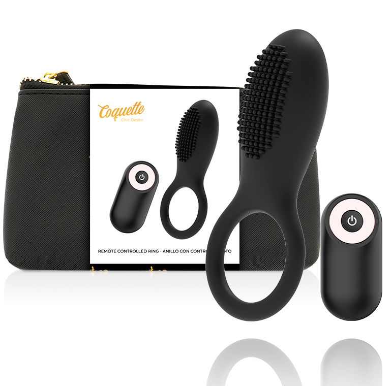 Imagen del artículo erótico COQUETTE CHIC DESIRE - ANILLO VIBRADOR CONTROL REMOTO RECARGABLE NEGRO / GOLD de COQUETTE TOYS en la sección JUGUETES BIENESTAR |Juguetes para Hombres|Accesorios para el pene|Anillos Pene|Anillos con Vibración de Millenial Sexshop.