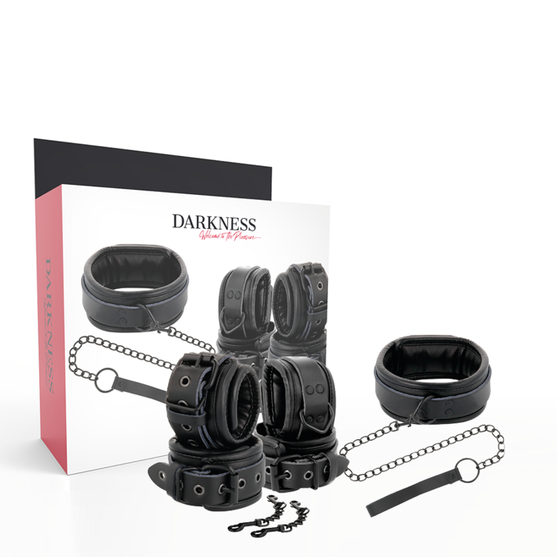 Imagen del artículo erótico DARKNESS - ESPOSAS Y COLLAR DE CUERO NEGRO de DARKNESS en la sección BDSM & BONDAGE |Bondage|Esposas de Millenial Sexshop.