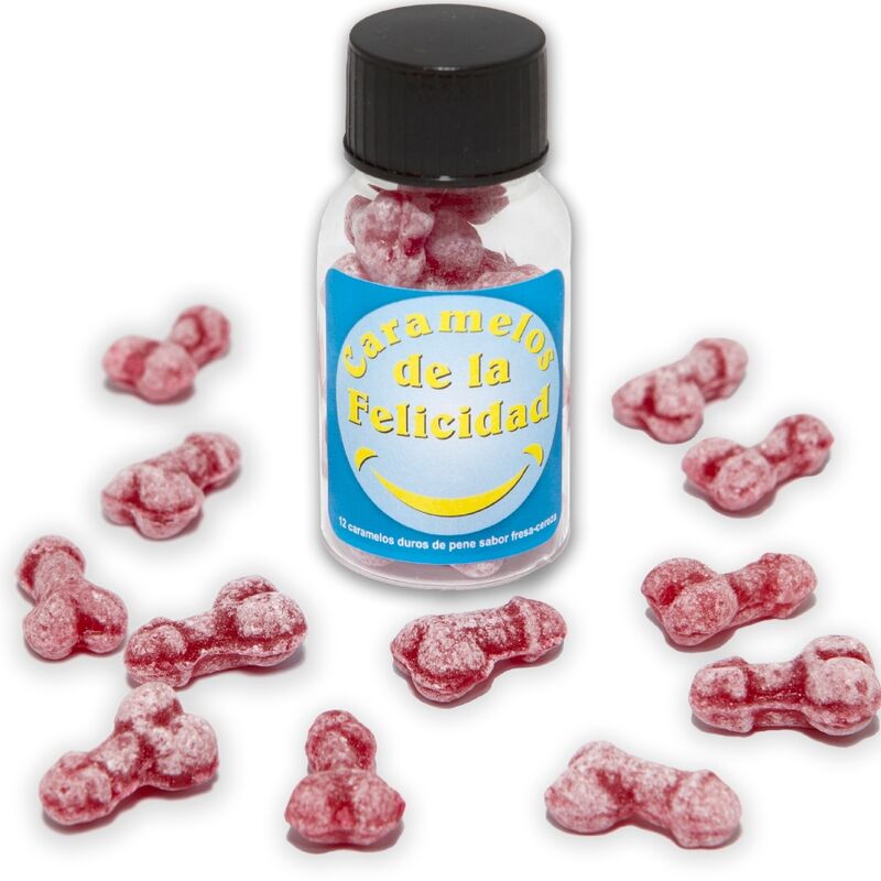 Imagen del artículo erótico DIABLO PICANTE - BOTE 12 CARAMELOS DE LA FELICIDAD FORMA PENE FRESA/CEREZA de DIABLO PICANTE en la sección ARTÍCULOS VARIOS|Articulos divertidos|Juegos Despedidas de Millenial Sexshop.
