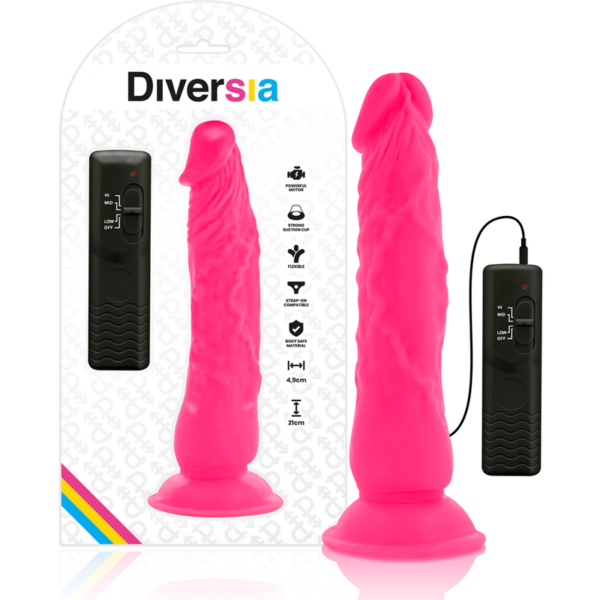 Imagen del artículo erótico DIVERSIA - DILDO REALÍSTICO FLEXIBLE CON VIBRACIÓN ROSA 21 CM -O- 4.9 CM de DIVERSIA en la sección JUGUETES BIENESTAR |Dildos sin Vibración|Dildos para Arneses de Millenial Sexshop.