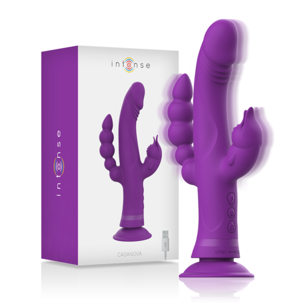 Imagen del artículo erótico INTENSE - CASANOVA VIBRADOR RABBIT SILICONA TRIPLE MOTOR MORADO de INTENSE FUN en la sección JUGUETES BIENESTAR |Vibradores|Vibradores Rabbit de Millenial Sexshop.