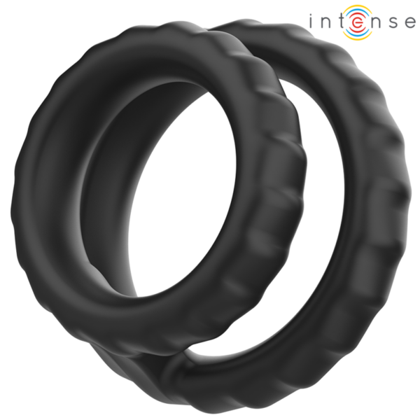 Imagen del artículo erótico INTENSE - DEWEY ANILLO DOBLE PARA PENE SILICONA NEGRO MODELO 2 de INTENSE COUPLES TOYS en la sección JUGUETES BIENESTAR |Juguetes para Hombres|Accesorios para el pene|Anillos Pene|Anillos sin vibración de Millenial Sexshop.