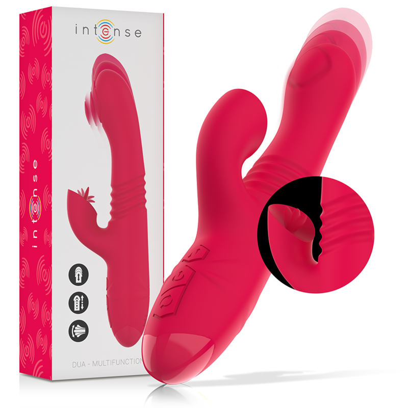 Imagen del artículo erótico INTENSE - DUA VIBRADOR MULTIFUNCIÓN RECARGABLE UP & DOWN CON LENGUA ROJO de INTENSE FUN en la sección JUGUETES BIENESTAR |Vibradores|Vibradores Rabbit de Millenial Sexshop.