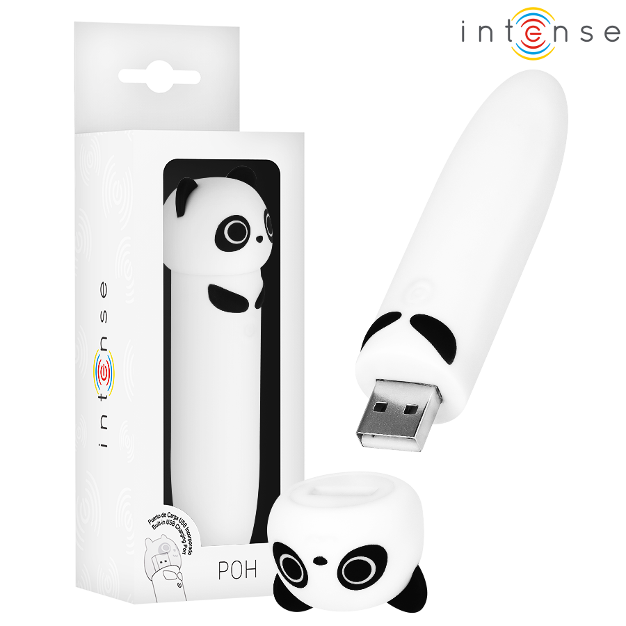 Imagen del artículo erótico INTENSE - POH BALA VIBRADORA PANDA RECARGABLE USB 10 X 2.2 CM de INTENSE FUN en la sección JUGUETES BIENESTAR |Juguetes para Mujeres|Estimuladores|Balas vibradoras de Millenial Sexshop.