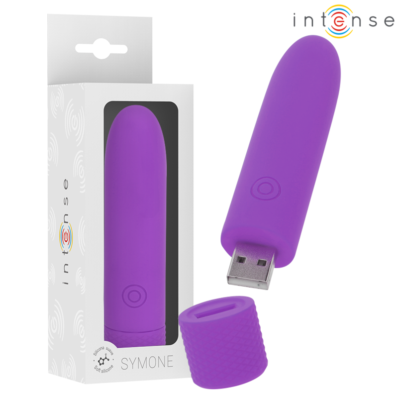 Imagen del artículo erótico INTENSE - SYMONE BALA VIBRADORA RECARGABLE POR USB 8 VIBRACIONES MORADO 10 X 2.2 CM de INTENSE FUN en la sección JUGUETES BIENESTAR |Juguetes para Mujeres|Estimuladores|Balas vibradoras de Millenial Sexshop.
