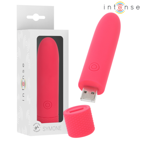 Imagen del artículo erótico INTENSE - SYMONE BALA VIBRADORA RECARGABLE POR USB 8 VIBRACIONES ROJO 10 X 2.2 CM de INTENSE FUN en la sección JUGUETES BIENESTAR |Juguetes para Mujeres|Estimuladores|Balas vibradoras de Millenial Sexshop.