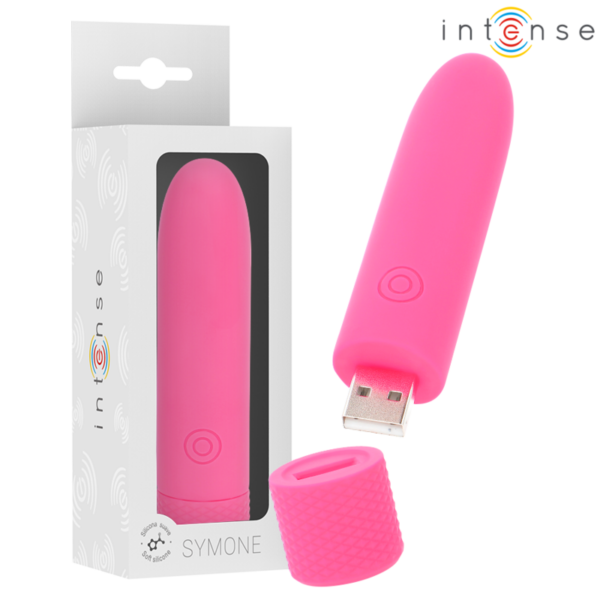 Imagen del artículo erótico INTENSE - SYMONE BALA VIBRADORA RECARGABLE POR USB 8 VIBRACIONES ROSA 10 X 2.2 CM de INTENSE FUN en la sección JUGUETES BIENESTAR |Juguetes para Mujeres|Estimuladores|Balas vibradoras de Millenial Sexshop.