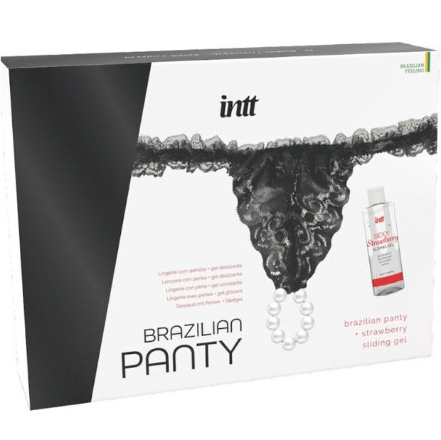 Imagen del artículo erótico INTT RELEASES - PANTY BRASILEÑA NEGRA CON PERLAS Y GEL LUBRICANTE 50 ML de INTT RELEASES en la sección DROGUERÍA |Lubricantes|Kits Lubricantes de Millenial Sexshop.