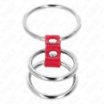 KINK - ANILLO PENE TRIPLE METAL 3.7 CM A 5 CM CONECTADOS CON CUERO ROJO - Imagen 4