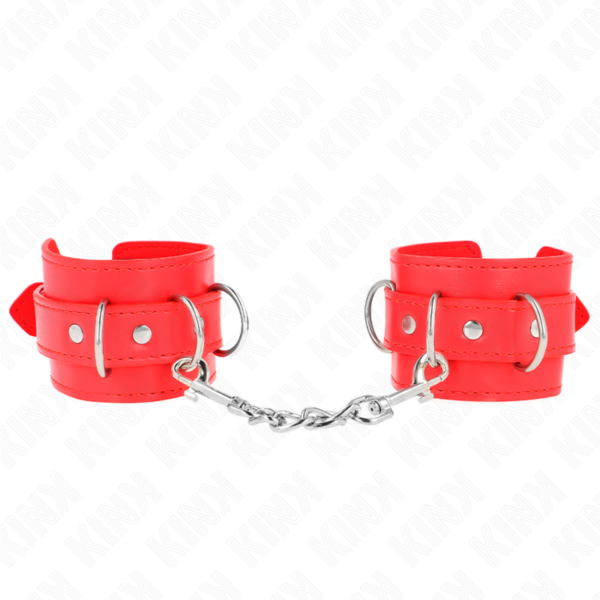 Imagen del artículo erótico KINK - MUÑEQUERAS CON 3 ANILLAS EN D AJUSTABLE ROJO 17.5-25 CM X 6 CM de KINK WRIST RESTRAINT en la sección BDSM & BONDAGE |Bondage|Esposas de fijación de Millenial Sexshop.