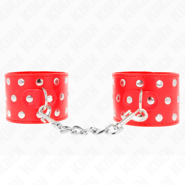 Imagen del artículo erótico KINK - MUÑEQUERAS CON CIERRE A PRESIÓN LLENO DE TACHUELAS AJUSTABLE ROJO 19-24 CM X 5.5 CM de KINK WRIST RESTRAINT en la sección BDSM & BONDAGE |Bondage|Esposas de fijación de Millenial Sexshop.