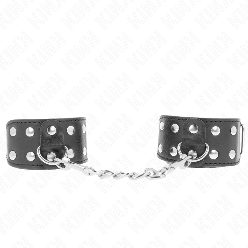 Imagen del artículo erótico KINK - MUÑEQUERAS CON DOBLE LÍNEA DE TACHUELAS AJUSTABLE NEGRO de KINK WRIST RESTRAINT en la sección BDSM & BONDAGE |Bondage|Esposas de fijación de Millenial Sexshop.