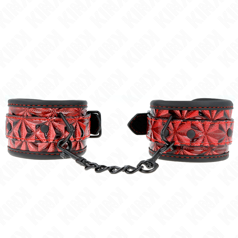 Imagen del artículo erótico KINK - MUÑEQUERAS CON PATRÓN DE DIAMANTES ROJO OSCURO AJUSTABLE 17-26 CM X 5.5 CM de KINK WRIST RESTRAINT en la sección BDSM & BONDAGE |Bondage|Esposas de fijación de Millenial Sexshop.