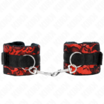 Imagen del artículo erótico KINK - MUÑEQUERAS CORTAS DE ENCAJE TERCIOPELO Y UNIÓN DE NYLON ROJO/NEGRO 23 X 6.5 CM de KINK WRIST RESTRAINT en la sección BDSM & BONDAGE |Bondage|Esposas de fijación de Millenial Sexshop.