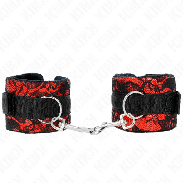 Imagen del artículo erótico KINK - MUÑEQUERAS CORTAS DE ENCAJE TERCIOPELO Y UNIÓN DE NYLON ROJO/NEGRO 23 X 6.5 CM de KINK WRIST RESTRAINT en la sección BDSM & BONDAGE |Bondage|Esposas de fijación de Millenial Sexshop.