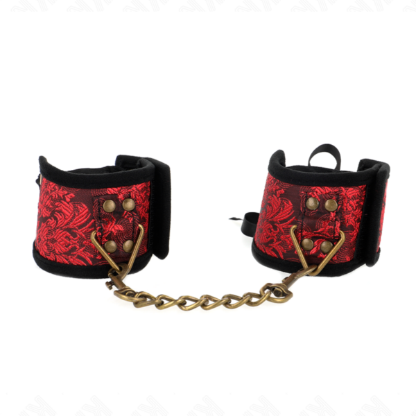 Imagen del artículo erótico KINK - MUÑEQUERAS DISEÑO ESCÁNDALO ROJO-NEGRO DETALLE LAZO 24.5 CM X 6.5 CM de KINK WRIST RESTRAINT en la sección BDSM & BONDAGE |Bondage|Esposas de fijación de Millenial Sexshop.