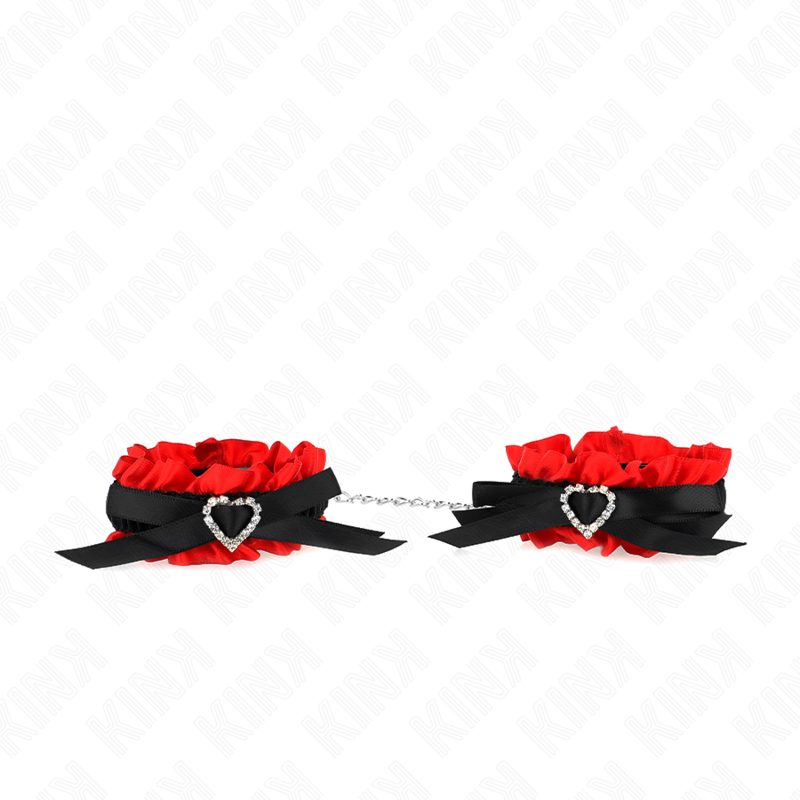 Imagen del artículo erótico KINK - MUÑEQUERAS ELÁSTICAS DE ENCAJE CON DETALLE CORAZÓN ROJO AJUSTABLE 22-35 CM de KINK WRIST RESTRAINT en la sección BDSM & BONDAGE |Bondage|Esposas de fijación de Millenial Sexshop.