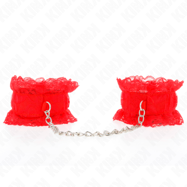 Imagen del artículo erótico KINK - MUÑEQUERAS ELÁSTICAS DE ENCAJE ROJO de KINK WRIST RESTRAINT en la sección BDSM & BONDAGE |Bondage|Esposas de fijación de Millenial Sexshop.
