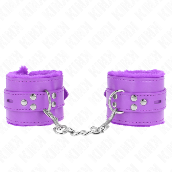 Imagen del artículo erótico KINK - MUÑEQUERAS FORRADAS CON AGUJEROS CUADRADOS VIOLETA Y CORREA VIOLETA AJUSTABLE 17-29 CM X 6 CM de KINK WRIST RESTRAINT en la sección BDSM & BONDAGE |Bondage|Esposas de fijación de Millenial Sexshop.