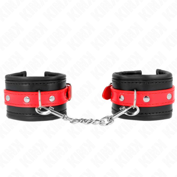 Imagen del artículo erótico KINK - MUÑEQUERAS NEGRO CON CORREA ROJO AJUSTABLE 17-28 CM X 6 CM de KINK WRIST RESTRAINT en la sección BDSM & BONDAGE |Bondage|Esposas de fijación de Millenial Sexshop.