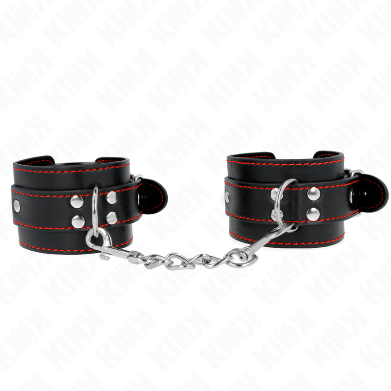 Imagen del artículo erótico KINK - MUÑEQUERAS NEGRO CON DETALLES EN ROJO AJUSTABLE 20-28 CM X 5.5 CM de KINK WRIST RESTRAINT en la sección BDSM & BONDAGE |Bondage|Esposas de fijación de Millenial Sexshop.