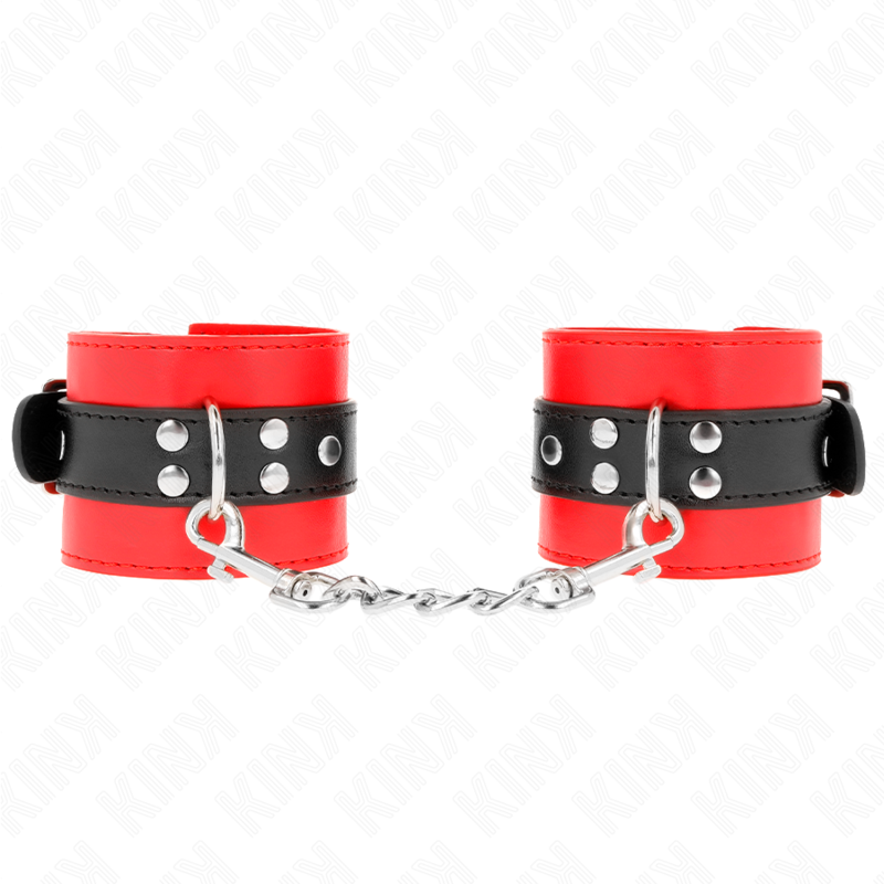 Imagen del artículo erótico KINK - MUÑEQUERAS ROJO CON CORREA NEGRO AJUSTABLE 17-28 CM X 6 CM de KINK WRIST RESTRAINT en la sección BDSM & BONDAGE |Bondage|Esposas de fijación de Millenial Sexshop.