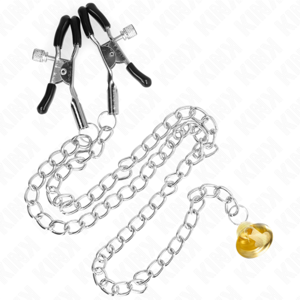 Imagen del artículo erótico KINK - PINZAS PARA PEZONES CON CAMPANA CASCABEL DORADO Y CADENA 30 CM de KINK NIPPLE GRIP en la sección BDSM & BONDAGE |Artículos BDSM|Pinzas Pezones BDSM de Millenial Sexshop.