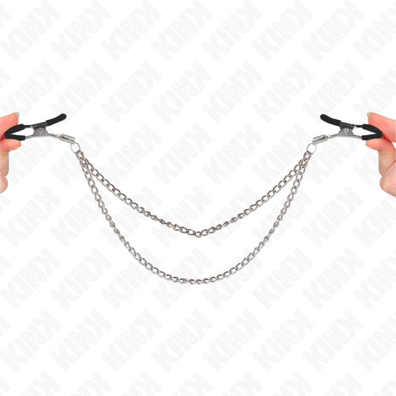 Imagen del artículo erótico KINK - PINZAS PARA PEZONES CON DOBLE CADENA GRUESA PLATEADO 20/23 CM de KINK NIPPLE GRIP en la sección BDSM & BONDAGE |Artículos BDSM|Pinzas Pezones BDSM de Millenial Sexshop.
