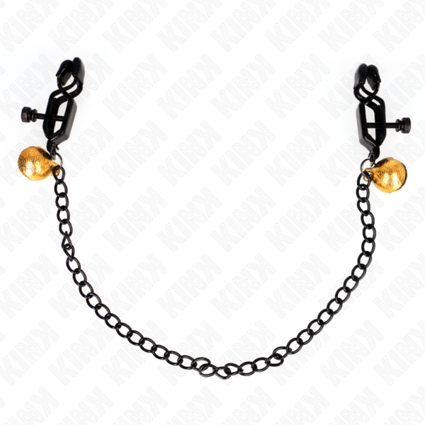 Imagen del artículo erótico KINK - PINZAS PARA PEZONES PLANAS NEGRO CON CASCABEL Y CADENA PLATEADO 30 CM de KINK NIPPLE GRIP en la sección BDSM & BONDAGE |Artículos BDSM|Pinzas Pezones BDSM de Millenial Sexshop.