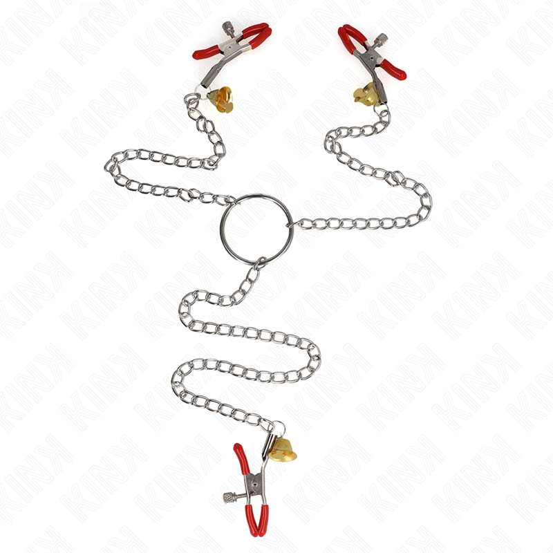 Imagen del artículo erótico KINK - PINZAS PARA PEZONES Y CLÍTORIS ROJAS CON CASCABEL DORADO Y CADENA 30 CM de KINK NIPPLE GRIP en la sección BDSM & BONDAGE |Artículos BDSM|Pinzas Pezones BDSM de Millenial Sexshop.