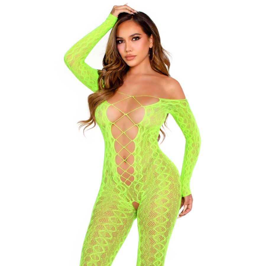 Imagen del artículo erótico LEG AVENUE - BODYSTOCKING SIN ENTREPIERNA DE ENCAJE DE SERPIENTE EXÓTICA VERDE NEÓN de LEG AVENUE BODYSTOCKINGS en la sección MODA & LENCERÍA|Lencería Mujer|Lencería Picante|Bodystocking de Millenial Sexshop.