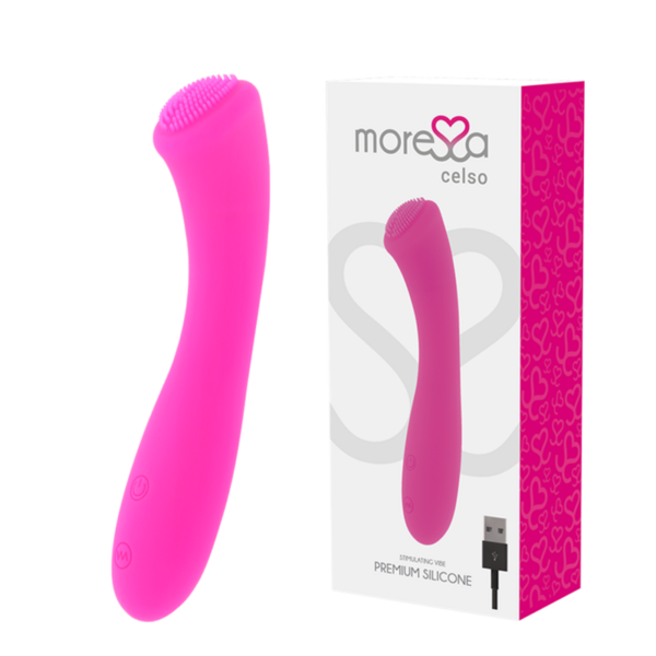 Imagen del artículo erótico MORESSA - CELSO MASAJEADOR DUO PUNTO G Y SUERO PELVICO PREMIUM SILICONE RECARGABLE de MORESSA en la sección JUGUETES BIENESTAR |Vibradores|Vibradores Punto G de Millenial Sexshop.