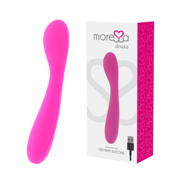 Imagen del artículo erótico MORESSA - DRUSO MASAJEADOR DUO PUNTO G Y SUERO PELVICO PREMIUM SILICONE RECARGABLE de MORESSA en la sección JUGUETES BIENESTAR |Vibradores|Vibradores Punto G de Millenial Sexshop.