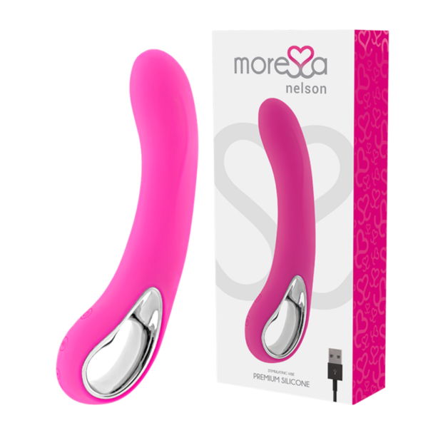 Imagen del artículo erótico MORESSA - NELSON MASAJEADOR PUNTO G PREMIUM SILICONE RECARGABLE de MORESSA en la sección JUGUETES BIENESTAR |Vibradores|Vibradores Punto G de Millenial Sexshop.