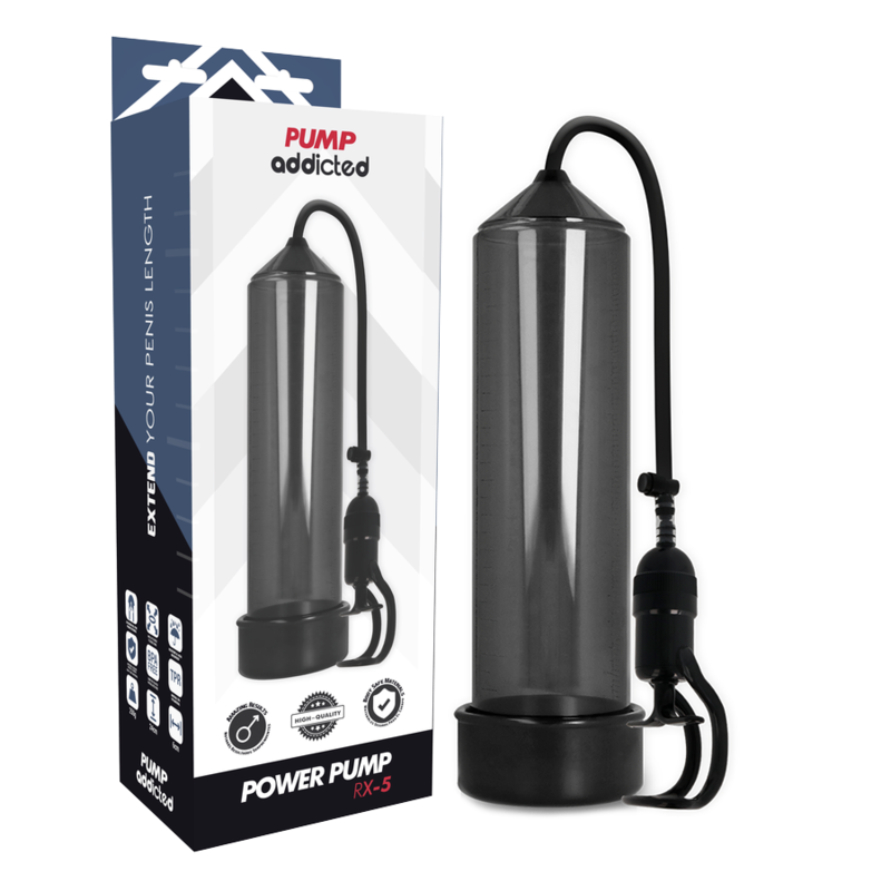Imagen del artículo erótico PUMP ADDICTED - BOMBA ERECCIÓN RX5 NEGRO de PUMP ADDICTED en la sección JUGUETES BIENESTAR |Juguetes para Hombres|Accesorios para el pene|Bomba Alargadora Pene de Millenial Sexshop.