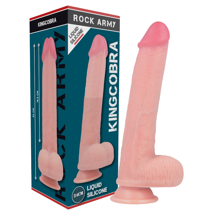 Imagen del artículo erótico ROCKARMY - KINGCOBRA DILDO REALÍSTICO LIQUID SILICONE 24 CM -O- 4.77 CM de ROCK ARMY en la sección JUGUETES BIENESTAR |Dildos sin Vibración|Penes realisticos de Millenial Sexshop.