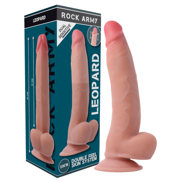Imagen del artículo erótico ROCKARMY - LEOPARD DILDO REALISTA DUAL DENSITY 23 CM -O- 4.77 CM de ROCK ARMY en la sección JUGUETES BIENESTAR |Dildos sin Vibración|Penes realisticos de Millenial Sexshop.