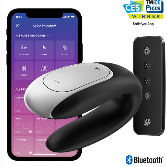 Imagen del artículo erótico SATISFYER - DOUBLE FUN PARTNER VIBRADOR NEGRO de SATISFYER CONNECT en la sección JUGUETES BIENESTAR |Vibradores|Vibradores control remoto de Millenial Sexshop.