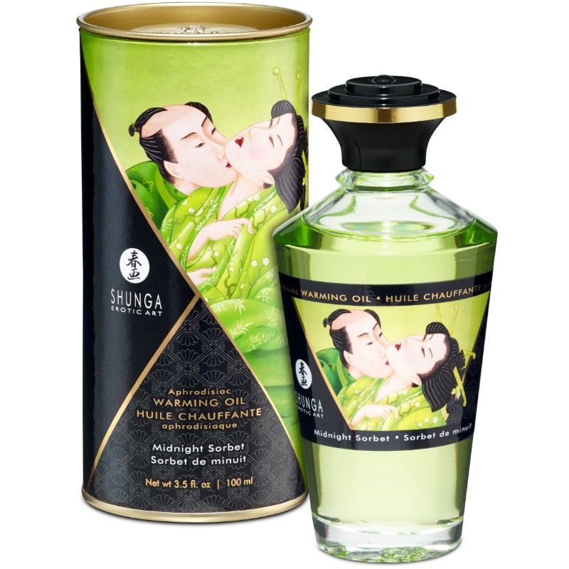 Imagen del artículo erótico SHUNGA - ACEITE MASAJE EFECTO CALOR SABOR SORBETE DE MEDIANOCHE 100 ML de SHUNGA OILS en la sección DROGUERÍA |Para Masajes|Con efecto calor de Millenial Sexshop.