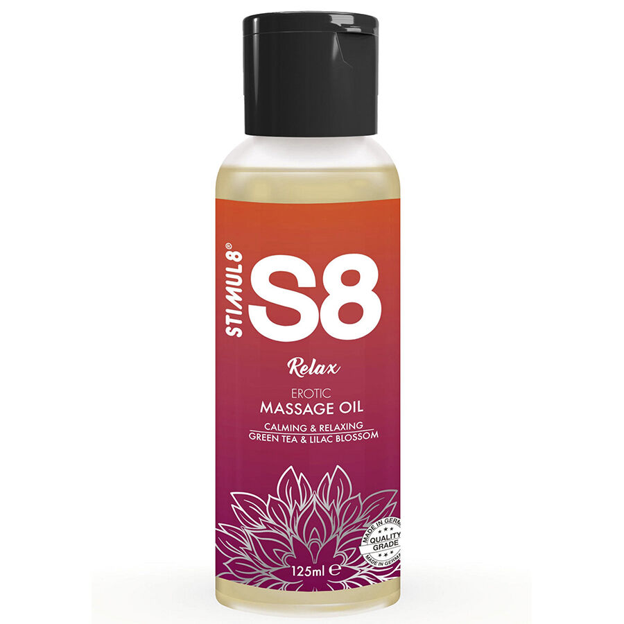 STIMUL8 - S8 RELAX ACEITE DE MASAJE TÉ VERDE 125 ML-MillenialSexshop-STIMUL8 Imagen del artículo erótico STIMUL8 - S8 RELAX ACEITE DE MASAJE TÉ VERDE 125 ML de STIMUL8 en la sección DROGUERÍA |Para Masajes|Aceites con Sabores de Millenial Sexshop.