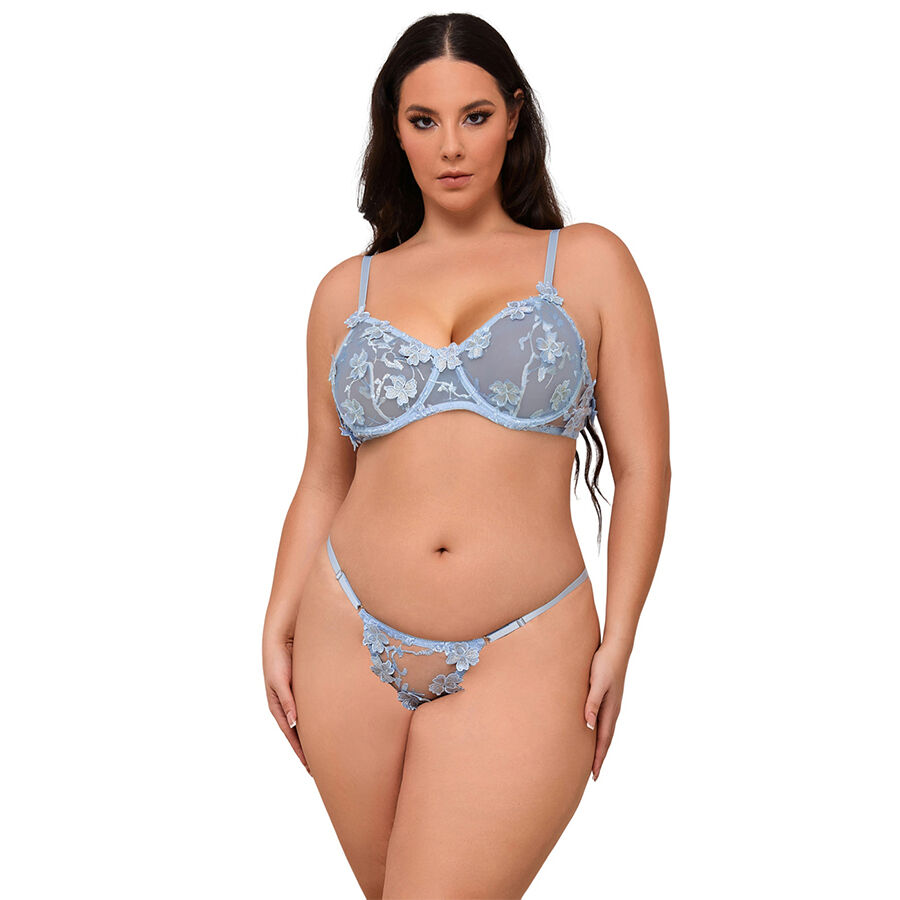Imagen del artículo erótico SUBBLIME - 957636 CONJUNTO SUJETADOR Y PANTIES CON BORDADOS DE FLORES CELESTE L/XL de SUBBLIME SETS en la sección MODA & LENCERÍA|Lencería Mujer|Lencería Picante|Conjunto de lencería sexy de Millenial Sexshop.